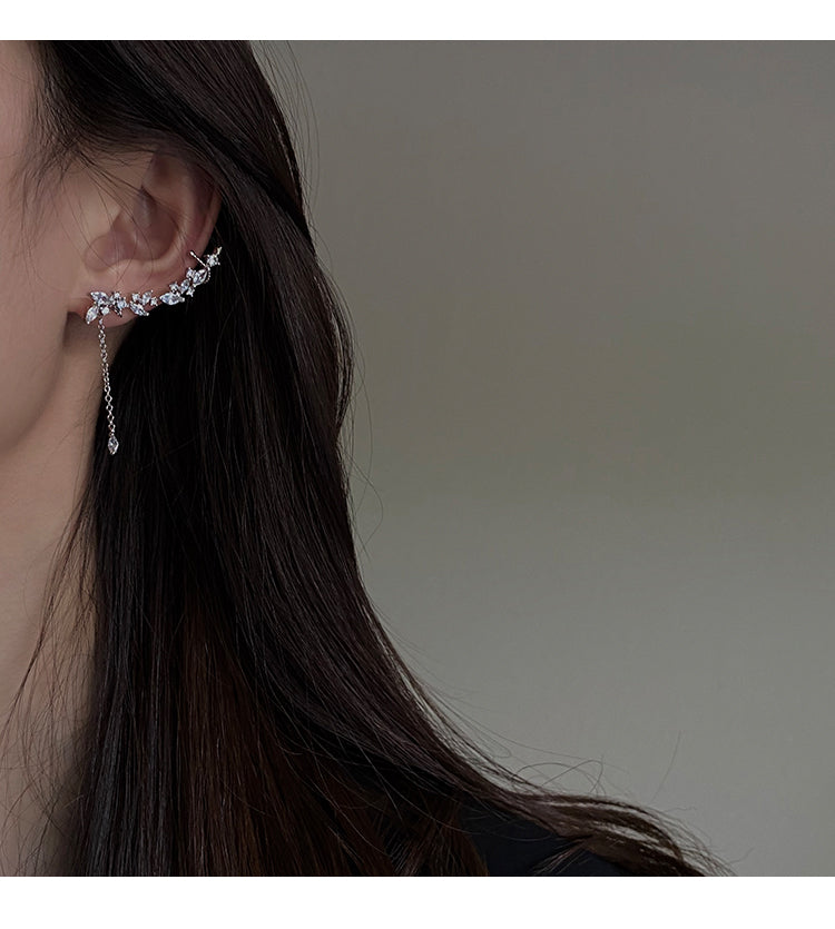 Zircon long earrings women's trendy 2023 ins style niche high-end ear bone clip net red temperament earrings