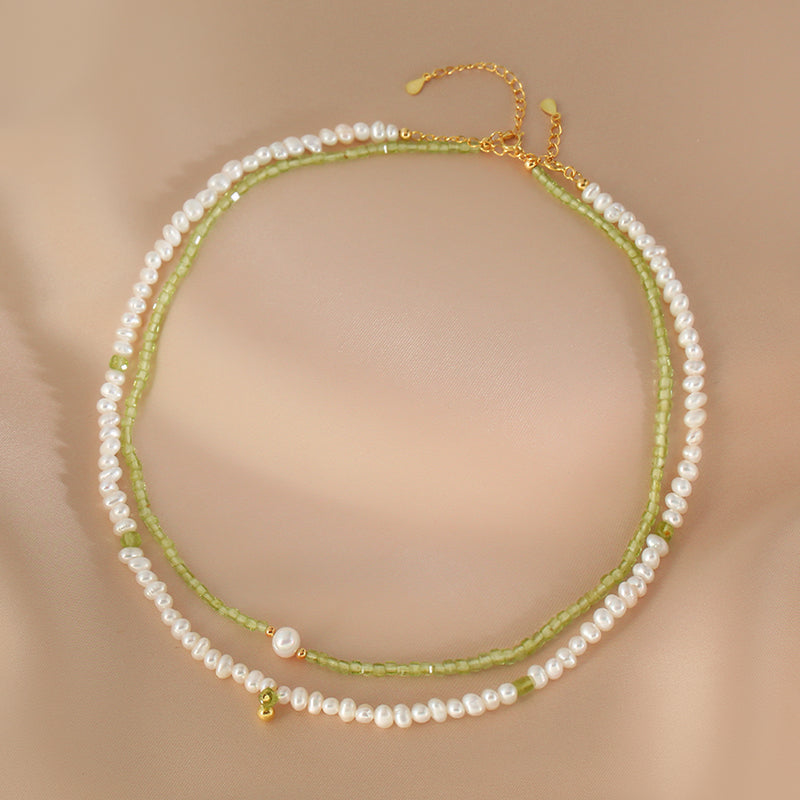 Natural Peridot Freshwater Pearl Stacked Double Layer Clavicle Chain Light Luxury Necklace