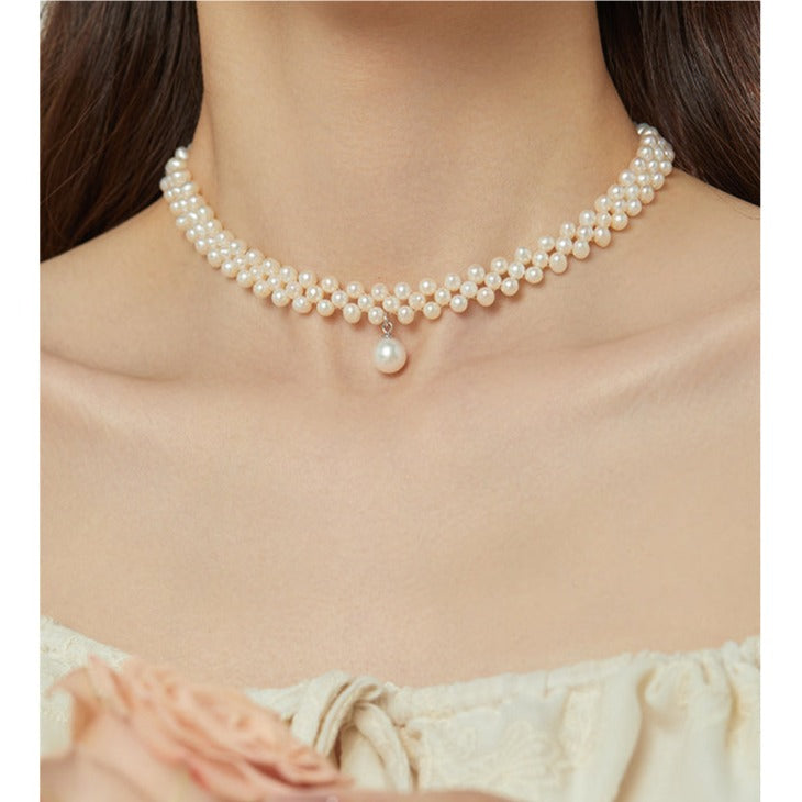 Hand-woven natural freshwater pearl necklace French retro multi-layer clavicle chain choker necklace