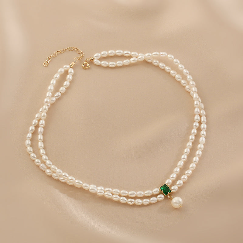 Clavicle Chain Double Stacked Pearl Necklace Vintage Emerald Pendant