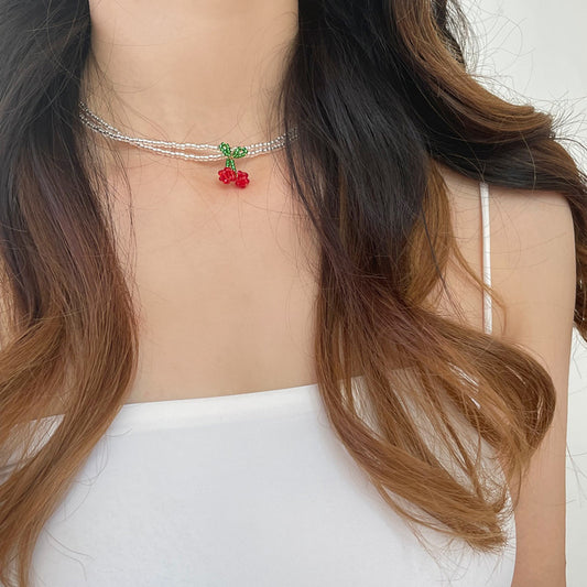 Handmade cherry necklace Showa sweet romantic girly beaded tea series niche design spring choker