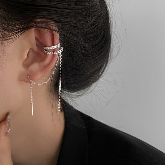 Light luxury temperament one-piece tassel inlaid diamond ear bone clip female niche design high-end earring personality versatile earrings