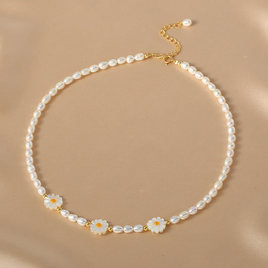Natural Freshwater Millet Pearl Necklace Advanced Original Design Little Daisy Clavicle Chain Versatile Necklace