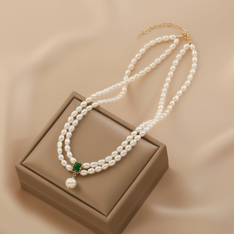 Clavicle Chain Double Stacked Pearl Necklace Vintage Emerald Pendant
