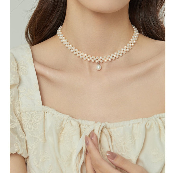 Hand-woven natural freshwater pearl necklace French retro multi-layer clavicle chain choker necklace