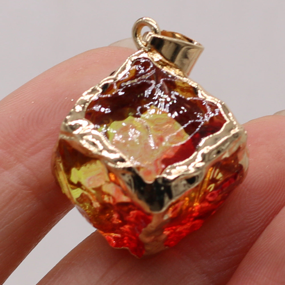 Natural stone mixed color crystal gold edge pendant 25x25mm square glass melon seed buckle pendant DIY jewelry accessories