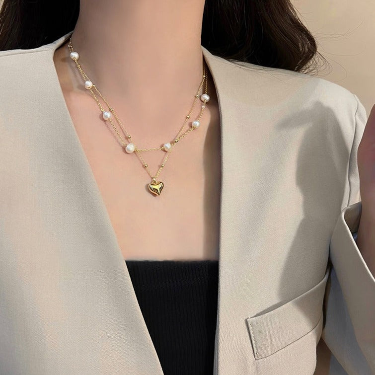 Pearl love layered titanium steel necklace female spring ins niche design light luxury high-end collarbone chain necklace accessories