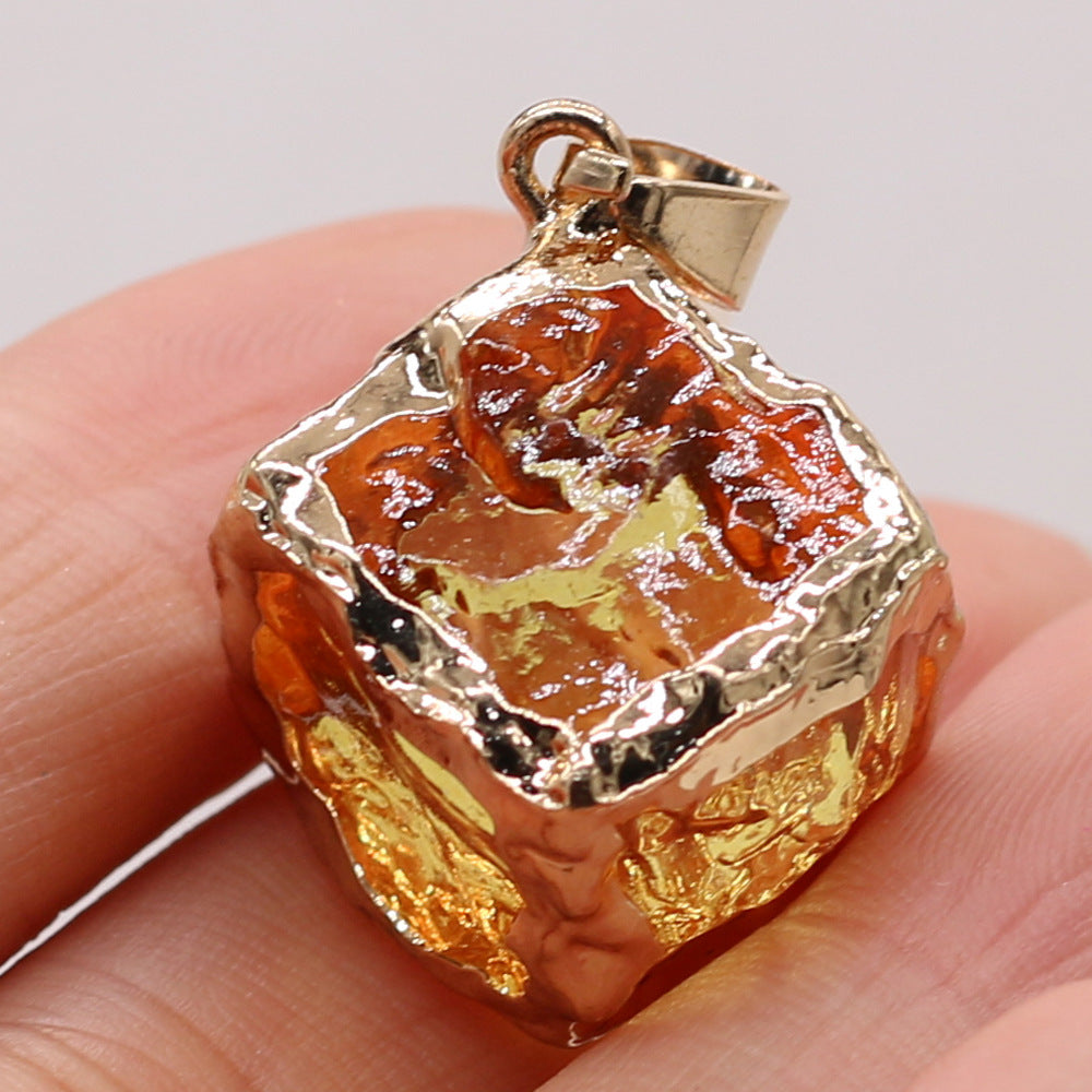 Natural stone mixed color crystal gold edge pendant 25x25mm square glass melon seed buckle pendant DIY jewelry accessories