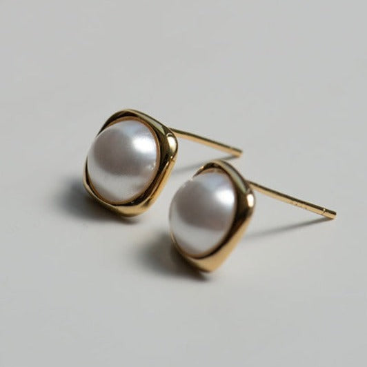 925 silver earrings golden 14k gold electroplated bead pearl inlaid square earrings